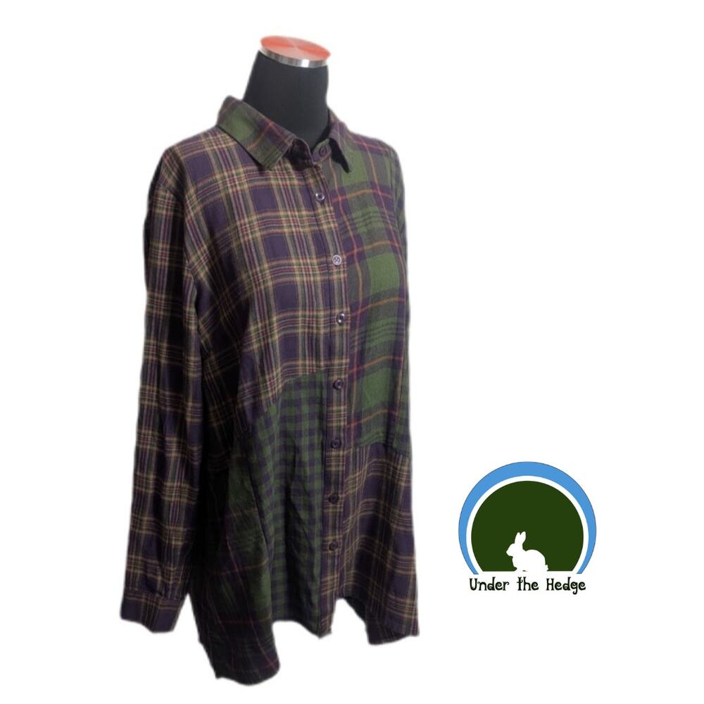 Coldwater Creek Purple & Green Patchwork Flannel Tunic Top | Medium | Grunge
